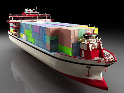 Large Container Ship With Colorful Containers And Red White Hull Design 3d model