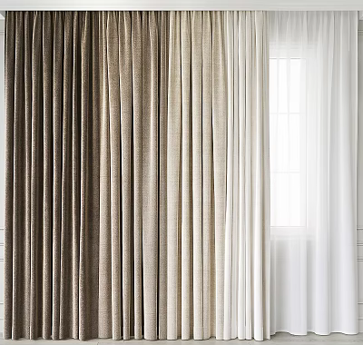 Elegant Beige And White Curtains With Draped Texture For Bright Window Interior 3d model