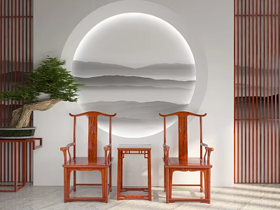 Traditional Chinese Rosewood Armchairs With Small Coffee Table Potted Plant And Circular Landscape Painting 3d model