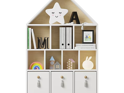 House Shaped Kids Bookshelf With Smiling Star Letter Decor And Mini House Rabbit Figurine 3d model