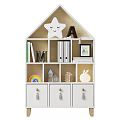 House Shaped Kids Bookshelf With Smiling Star Letter Decor And Mini House Rabbit Figurine