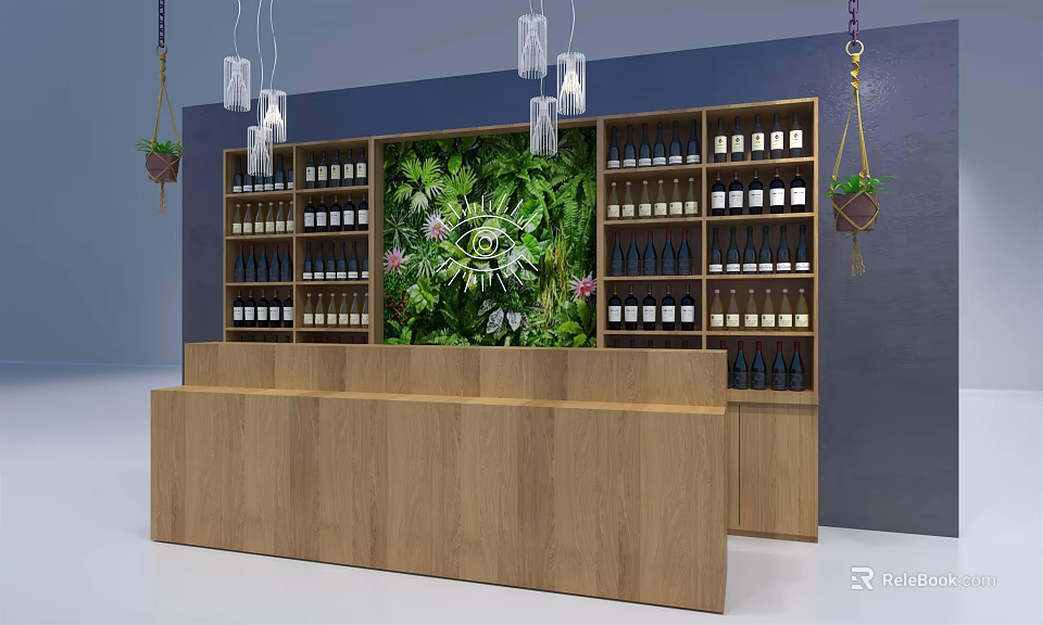 Modern Reception Desk with Green Plant Wall Wooden Wine Racks and Hanging Pendant Lights 3d model 