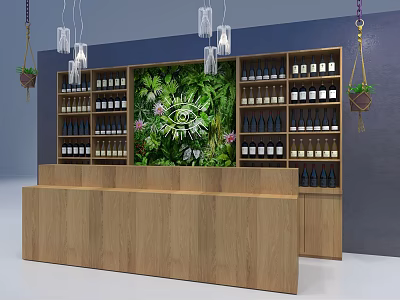Modern Reception Desk with Green Plant Wall Wooden Wine Racks and Hanging Pendant Lights 3d model