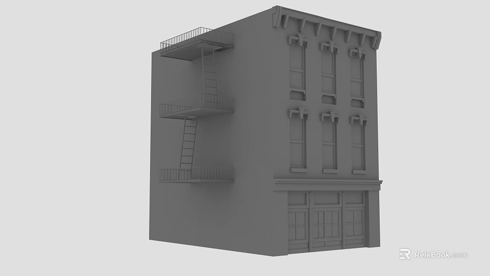 Gray Multi Story Building Exterior With Fire Escape Balconies And Windows 3d model 