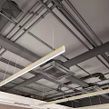 Exposed Industrial Ceiling Piping Structure With Metal Beams And Lighting Fixtures