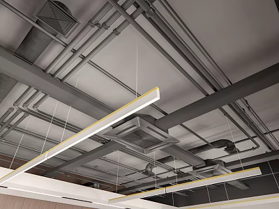 Exposed Industrial Ceiling Piping Structure With Metal Beams And Lighting Fixtures 3d model