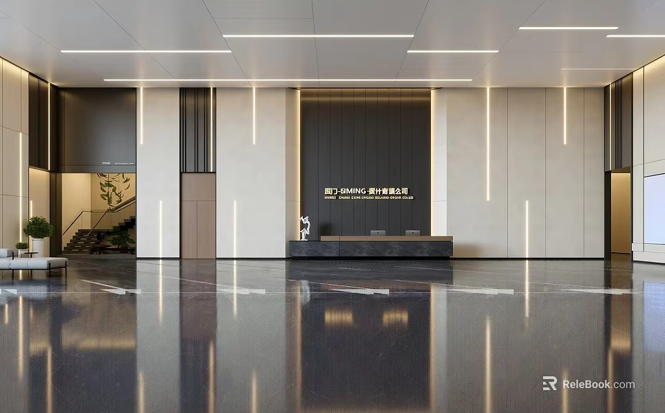 Modern Minimalist Commercial Office Reception Design With Glossy Marble Floor And Linear Ambient Lighting 3d model 