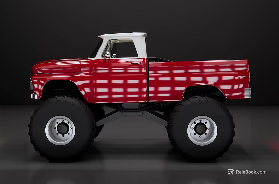 Red Vintage Modified Truck With Large Monster Tires And White Roof 3d model 