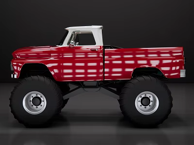 Red Vintage Modified Truck With Large Monster Tires And White Roof 3d model