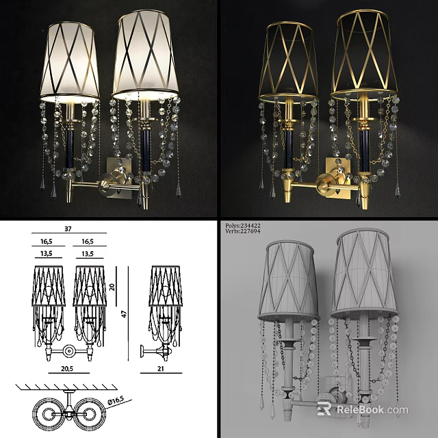 Elegant Wall Sconces With Diamond Shaped Fabric Shades Golden Metal Frame And Crystal Pendants 3d model 