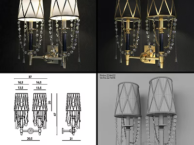 Elegant Wall Sconces With Diamond Shaped Fabric Shades Golden Metal Frame And Crystal Pendants 3d model