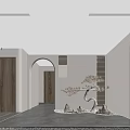 Modern Indoor Space Featuring Wooden Doors Arched Doorway Lattice Panels And Pine Tree Garden Ornament