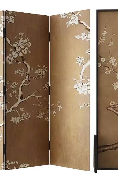 Elegant Folding Oriental Screen With Plum Blossom Branches And White Floral Design 3d model