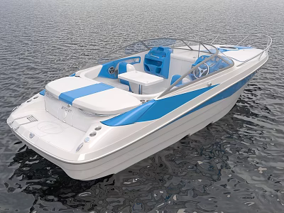 White Blue Yacht With Seats And Steering Wheel On Water 3d model