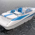 White Blue Yacht With Seats And Steering Wheel On Water