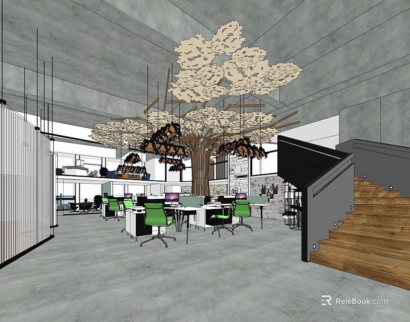 Modern Public Office Space With Large Tree-Shaped Decoration Green Chairs And Open Layout Design 3d model 