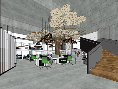 Modern Public Office Space With Large Tree-Shaped Decoration Green Chairs And Open Layout Design 3d model