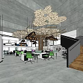 Modern Public Office Space With Large Tree-Shaped Decoration Green Chairs And Open Layout Design