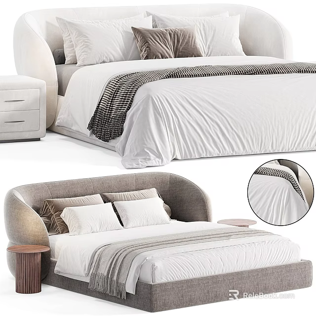 Modern Double Bed With Curved Headboard Plush Pillows And Striped Blanket 3d model 