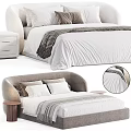 Modern Double Bed With Curved Headboard Plush Pillows And Striped Blanket