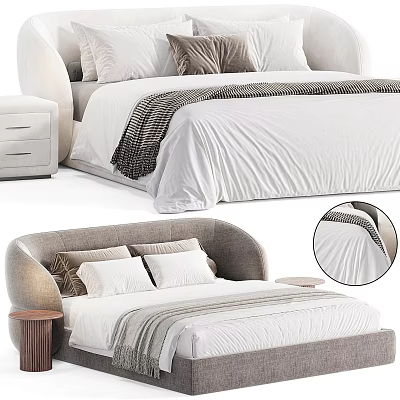 Modern Double Bed With Curved Headboard Plush Pillows And Striped Blanket 3d model