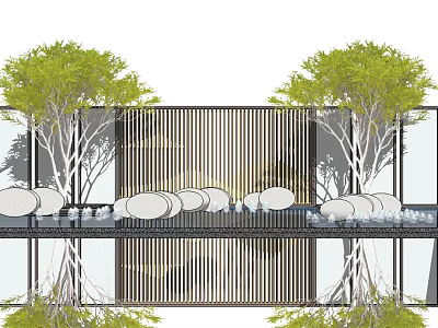 Modern Lattice Feature Wall With Circular Seats And Water Reflection By Trees 3d model