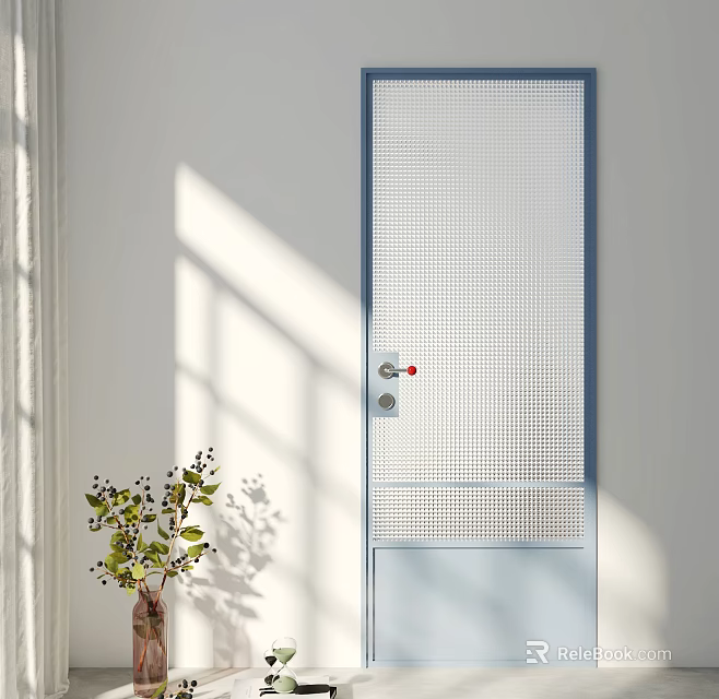 Light Blue Hinged Door With Perforated Design And Sunlight Shadow Near Potted Plant 3d model 