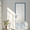 Light Blue Hinged Door With Perforated Design And Sunlight Shadow Near Potted Plant