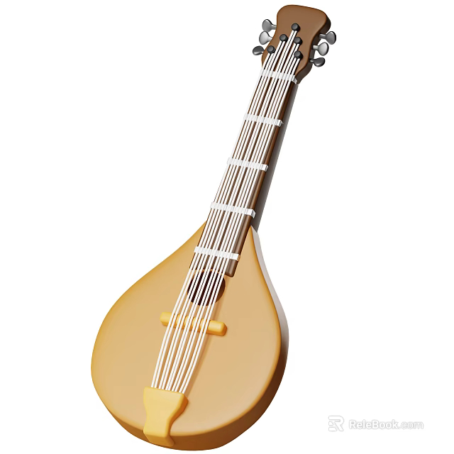 Yellow Wooden Pipa Musical Instrument With Traditional Design Classic Shape And Strings 3d model 