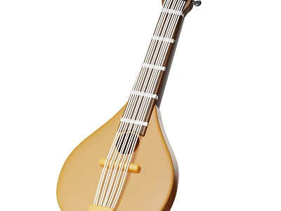 Yellow Wooden Pipa Musical Instrument With Traditional Design Classic Shape And Strings 3d model