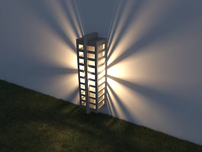 Modern Outdoor Wall Light With Grid Design Radiant Projection On White Wall And Green Grass 3d model
