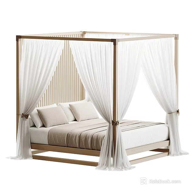 Elegant Double Bed With Golden Frame White Sheer Drapes And Wooden Vertical Headboard Background 3d model 