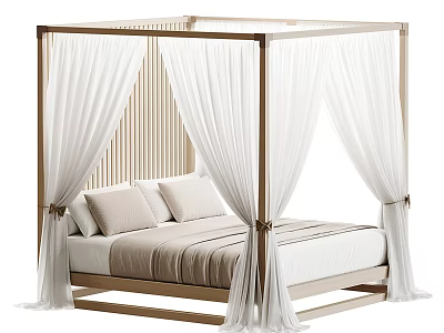 Elegant Double Bed With Golden Frame White Sheer Drapes And Wooden Vertical Headboard Background 3d model