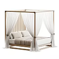 Elegant Double Bed With Golden Frame White Sheer Drapes And Wooden Vertical Headboard Background