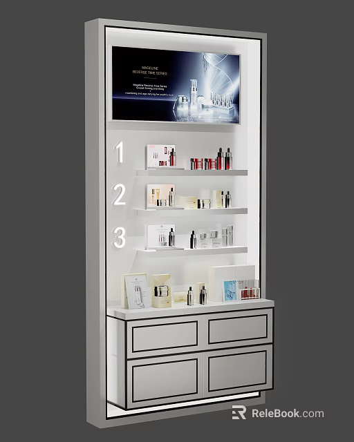 Layered Display Shelf with Numbered Sections for Cosmetics and Bottom Drawers 3d model 