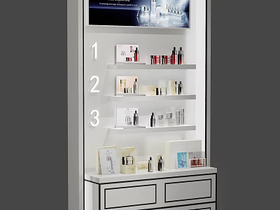Layered Display Shelf with Numbered Sections for Cosmetics and Bottom Drawers 3d model