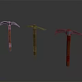 Three Vintage Pickaxes with Wooden Handles Metal Heads and Red Accents