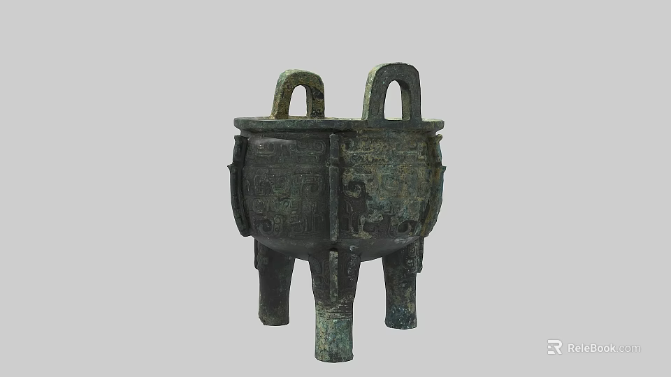 Ancient Chinese Bronze Ding Vessel With Three Legs Two Handles And Intricate Carvings 3d model 