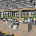 Public Office Space Open Layout With Wooden Ceiling Pendant Lights Green Plants And Bar Counter