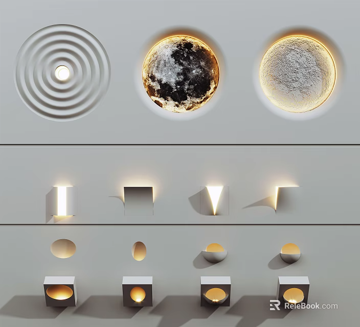Modern Various Design Wall Lights With Circular Textured Moon Surface And Square Cutout Styles 3d model 