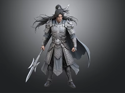 Man In Ancient Intricate Armor Holding Sword With Long Hair And Cloak 3d model