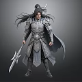 Man In Ancient Intricate Armor Holding Sword With Long Hair And Cloak