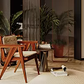Modern Wooden Accent Chair With Upholstered Seat And Side Table Near Potted Plants