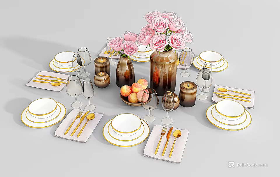 Elegant Tableware Set With White Gold Rim Plates Golden Cutlery And Pink Roses 3d model 