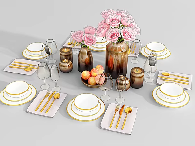 Elegant Tableware Set With White Gold Rim Plates Golden Cutlery And Pink Roses 3d model