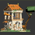 Cartoon Style Two Story Mini House With Orange Roof Balcony Green Tree And Grass