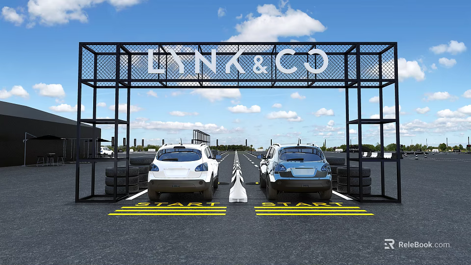 LYNK&CO Archway With Two White And Blue Cars On Yellow Parking Lines Outdoor 3d model 