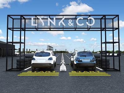 LYNK&CO Archway With Two White And Blue Cars On Yellow Parking Lines Outdoor 3d model