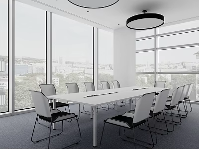 Modern Conference Room Interior With Long Table Chairs And Large Windows City View 3d model