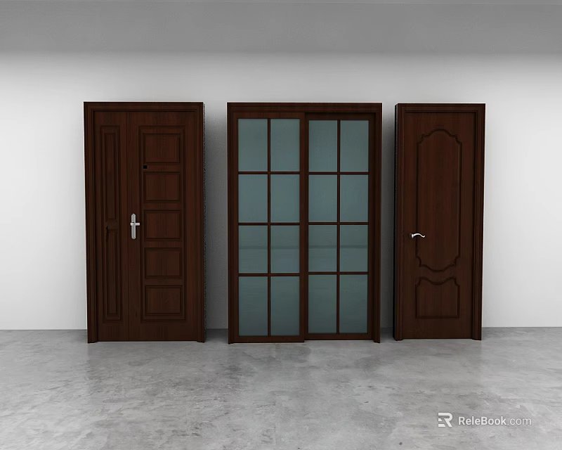 Dark Wooden Hinged Doors Featuring Glass Panel And Carved Patterns For Interior 3d model